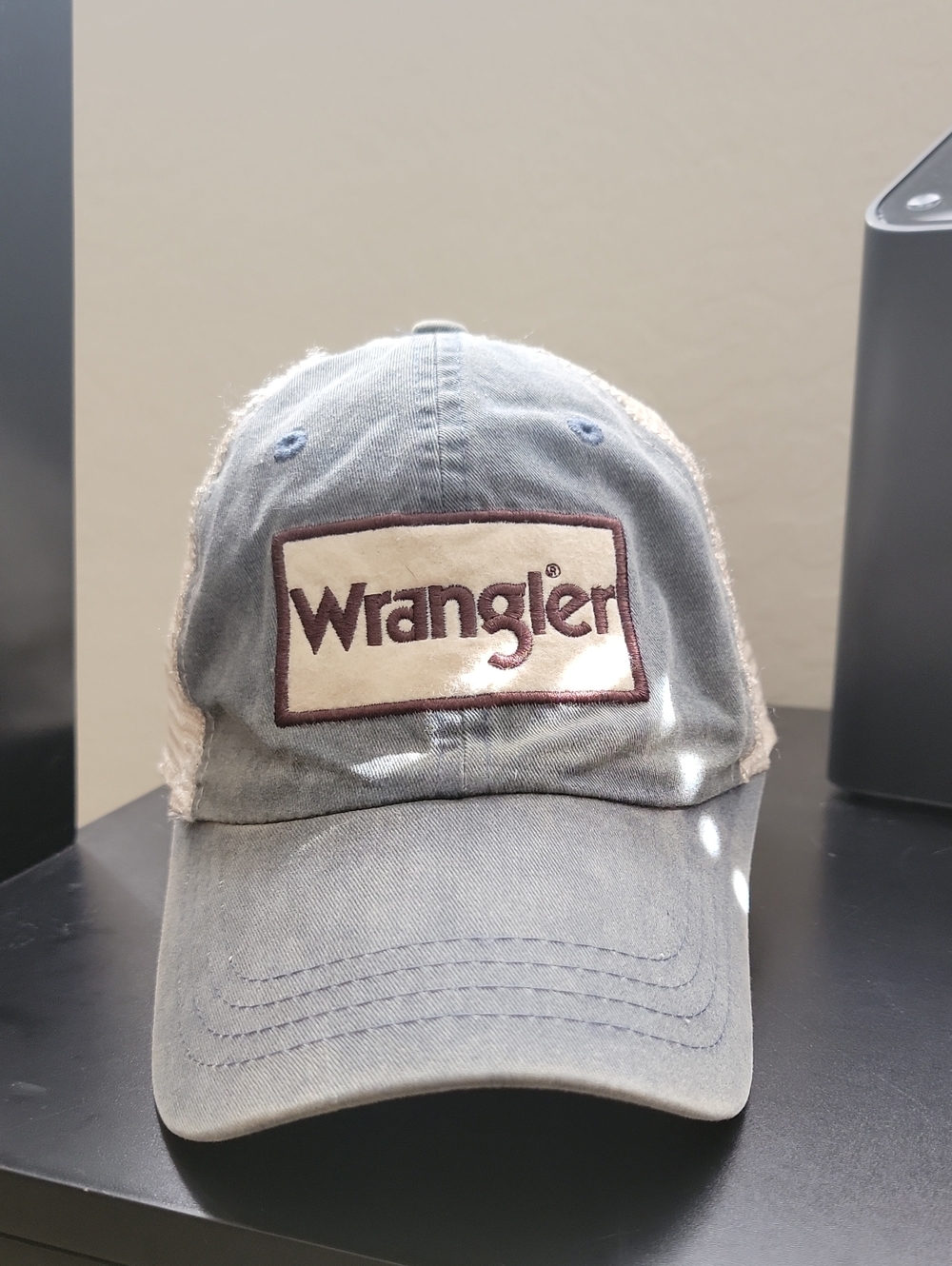 Wrangler gray and cream trucker cap with brown logo trim